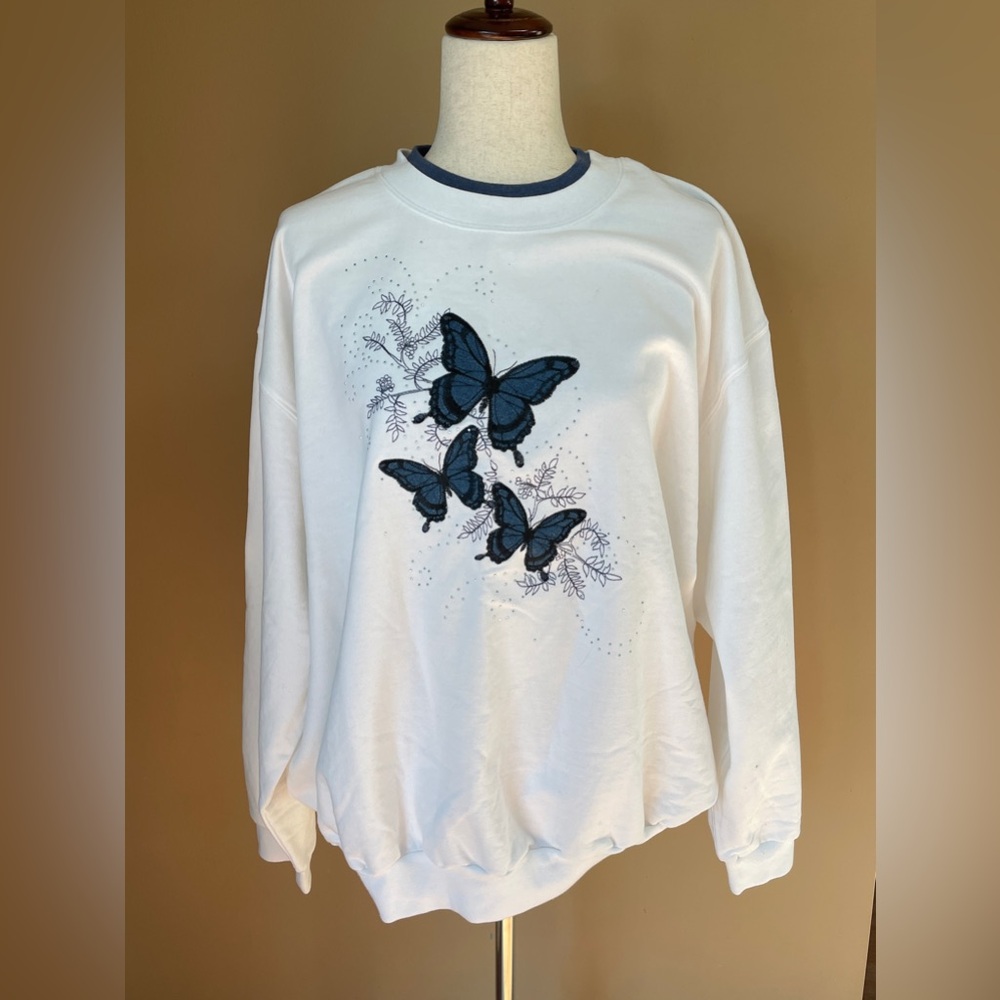 Y2K 90s Womens Crewneck Sweatshirt Butterfly Embroidery Granny Size 2X‎ Blue